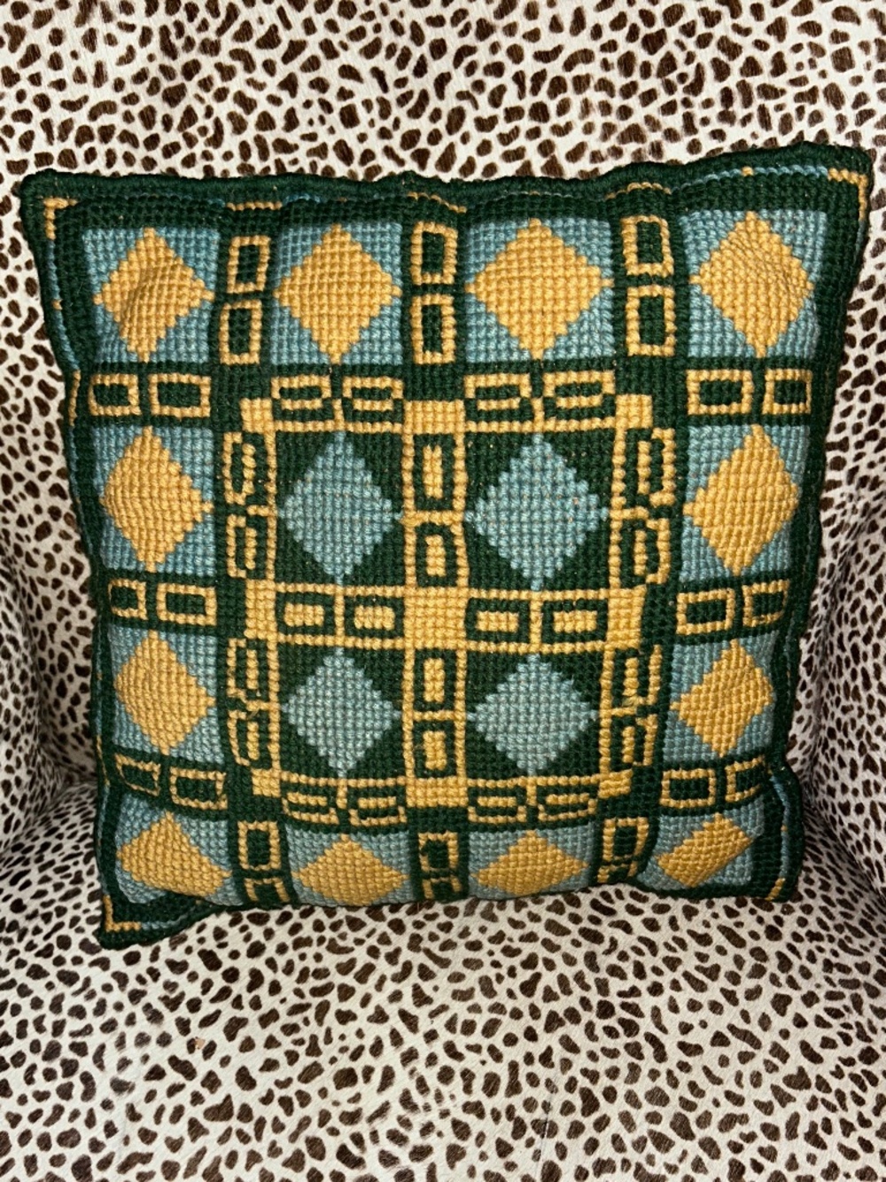 Antique aqua green crewel hand needlepoint accent pillow